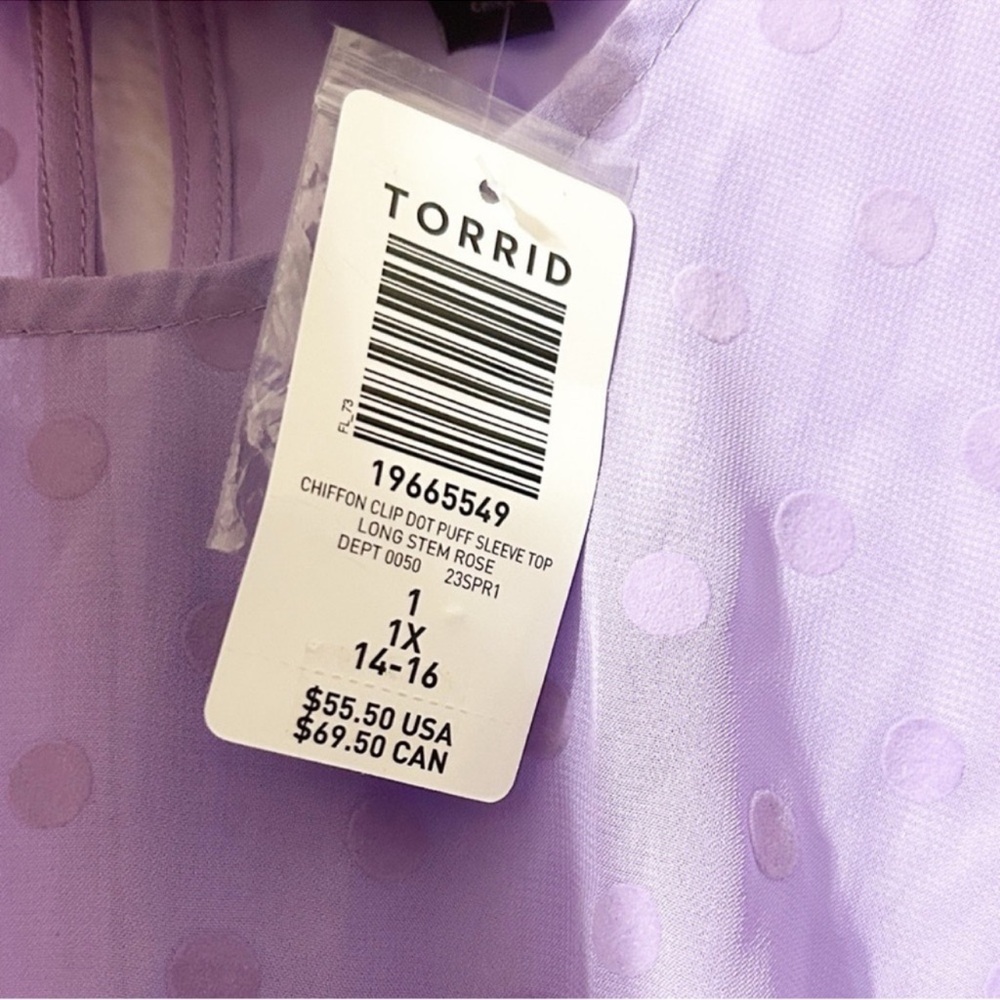 NWT Torrid Clip Dot polka dots lavender puff sleeve Long Stem Rose top SZ 1 NEW - Picture 8 of 10